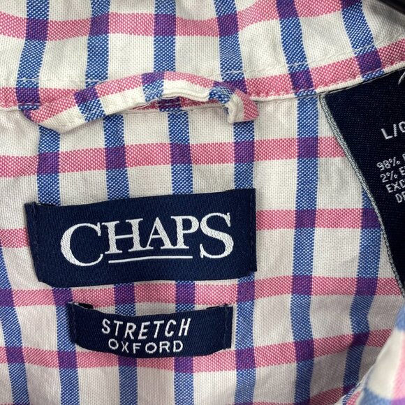 Chaps Shirt Men's Large Dark Pink Blue Plaid Long Sleeve Stretch Oxford Office - Picture 10 of 11